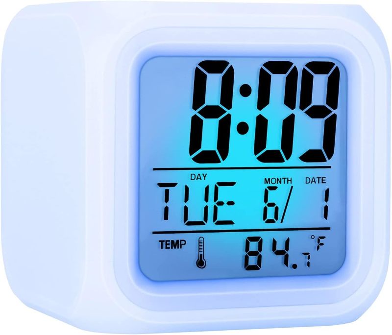 Photo 1 of 3 inch Small Size Mini LED Digital Alarm Clock 7 Colorful Bedroom Light with Time, Temperature, Alarm, Date,Room Decor for Kids Boys Girls