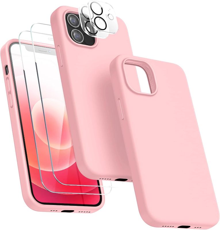 Photo 1 of [5 in 1 for iPhone 12/iPhone 12 Pro Case, with 2 Pack Screen Protector + 2 Pack Camera Lens Protector, Liquid Silicone Slim Shockproof Protective Phone Case [Microfiber Lining] (Pink)…
