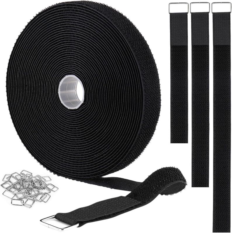 Photo 1 of 1"x32ft Hook and Loop Straps with 50 Metal Buckles, Adjustable Fastening Cable Straps, Cut-to-Length Cinch Strap, Reusable Nylon Securing Cord Ties for Organizer or Storage, 1 inch Wide, Black
