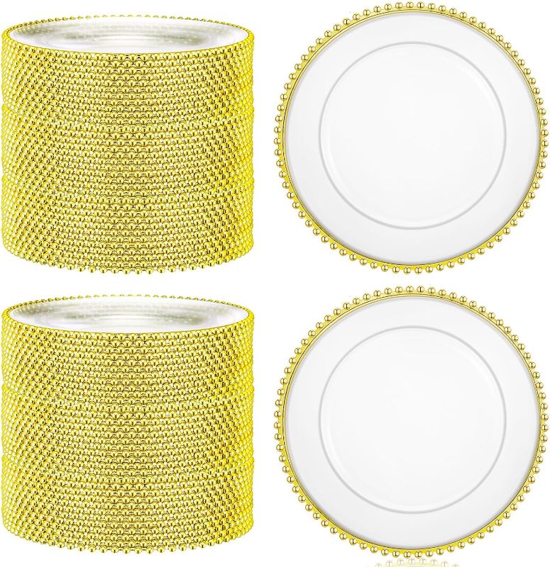 Photo 1 of 50 Pcs Clear Round Charger Plates 13 Inch Plastic Dinner Charger Plates Decorative Charger Service Plates with Beaded Rim for Wedding Birthday Party Events Dinner Table Decoration (Gold)