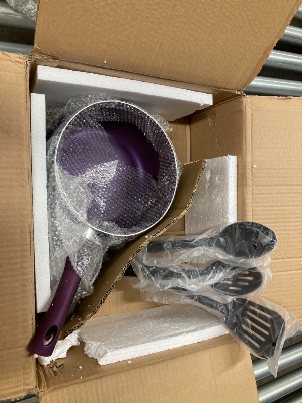 Photo 5 of AHEIM Pots and Pans Set, Aluminum Nonstick Cookware Set, Fry Pans, Casserole with Lid, Sauce Pan, and Utensils, 11 Piece Cooking Set (Purple)