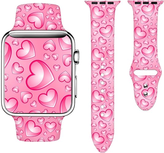 Photo 1 of  *** BUNDLE OF 2 *** Valentine's Day Pink Heart Holiday Watch Bands Compatible Apple Watch Band 38mm 40mm 41mm 42mm 44mm 45mm 49mm for Women Men, Adjustable Soft Silicone Replacement Smartwatch Wristband for iWatch
