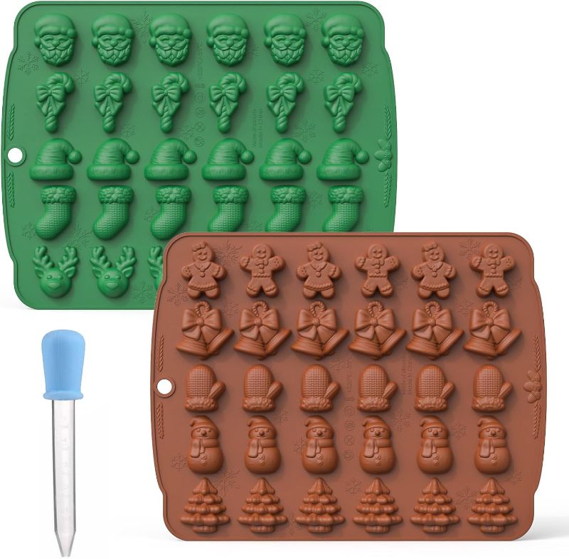 Photo 1 of *** BUNDLE OF 2 *** Christmas Silicone Molds with Dropper - 2 Pack of 30-Cavity Rectangular Baking Trays for Chocolate, Candy, Cookies, Jelly and DIY- Festive Shapes of Tree, Snowman, Glove, Hat