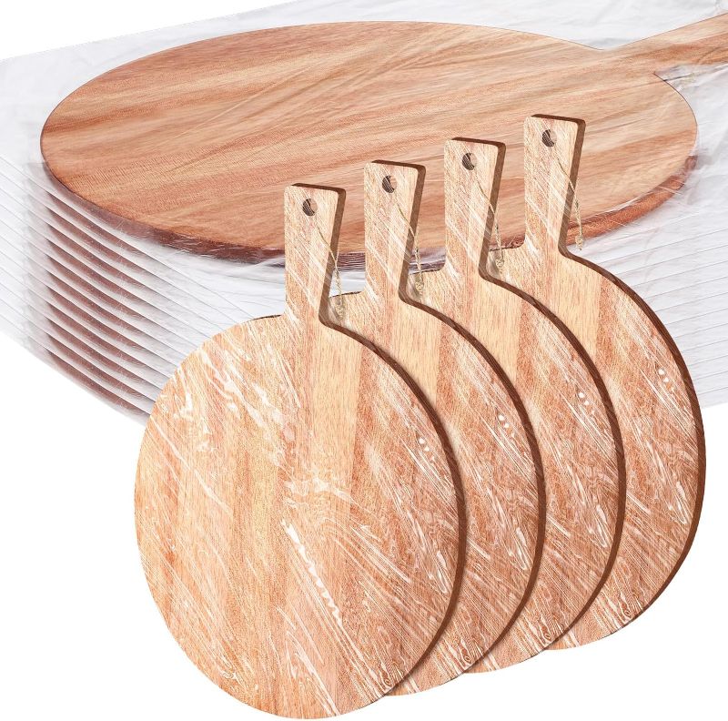 Photo 1 of Patelai 12 Piece Round Wood Cutting Board Pizza Peel with Handle Laser Engraving Serving Board Charcuterie Cheese Bread Cutting Board Bulk for DIY Wedding Housewarming Gift(13 Inch, Walnut Wood)