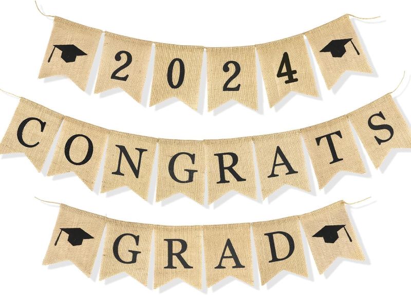 Photo 1 of *** BUNDLE OF 2 *** HOWAF Graduates 2024 Burlap Banner Graduation Rustic Garland Vintage Graduation Bunting Banner Graduation Cap 2024 Party Banners for Grad College Senior High School Prom Party Home Classroom Decor