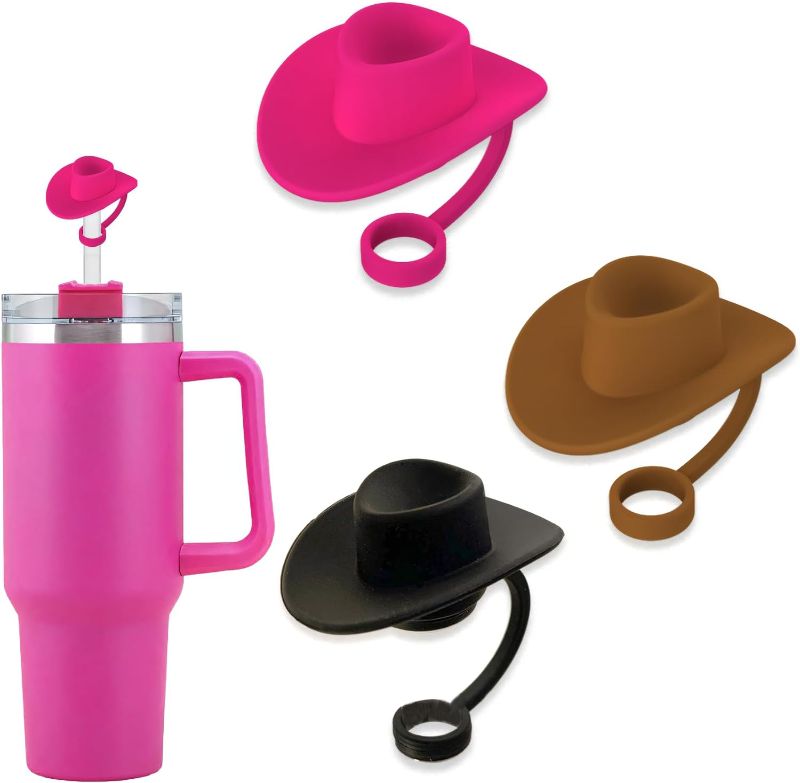 Photo 1 of *** BUNDLE OF 3 *** 3 Pack Cowboy Hat Straw Cover Cap for Stanley Cup 30&40 Oz 10mm Cowgirl Hat Silicone Straw Topper Protector Lid with Cute Funny Western Kids Accessories