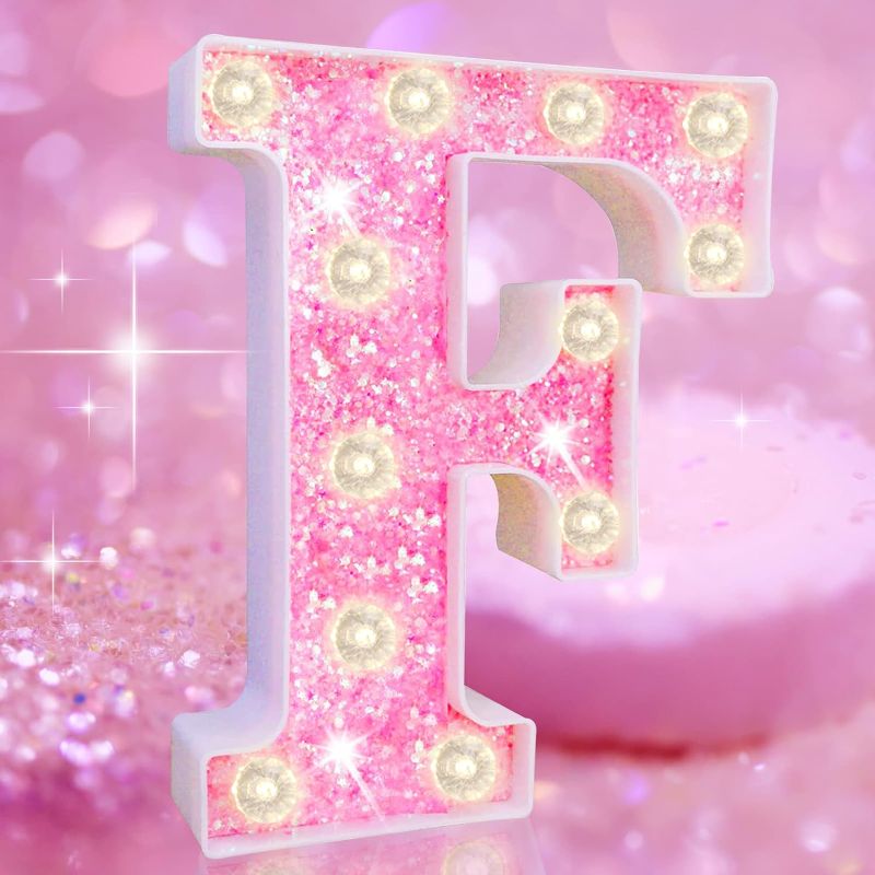 Photo 1 of  *** BUNDLE OF 2 ***Light Up Pink Alphabet Marquee Letters Sign, Glitter LED Marquee letter Lights Sign Battery Powered for Night Light Girls Bedroom Birthday Gifts Wedding Pink Party Baby Shower Decorations, Pink & Letter F