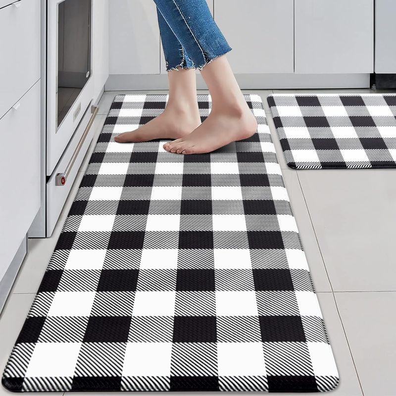 Photo 1 of 2 PCS Anti Fatigue Rugs Non Skid Waterproof Floor Mat Cushioned Black and White Farmhouse Comfort Standing Kitchen Mats for Floor, House, Sink, Office
