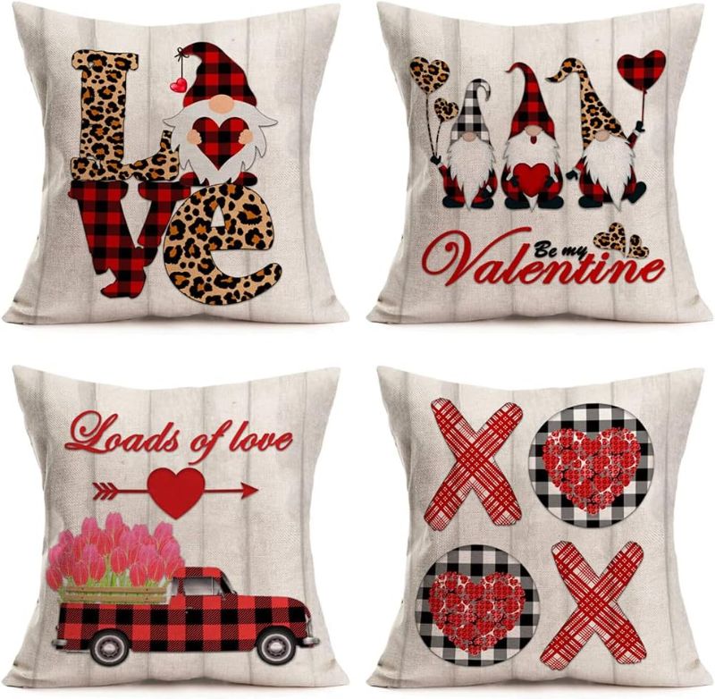 Photo 1 of *** PATTERN VARIES ***  Valentines Day Throw Pillow Covers 22x22 Inch Set of 4 Cotton Linen Buffalo Check Plaid Leopard Love Heart XOXO Quotes Gnome Square Cushion Cases for Home (4pc XOXO Love, 22"x22")