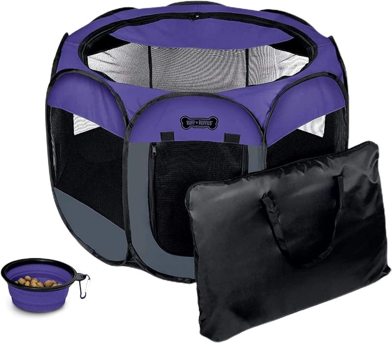 Photo 1 of *** NORMAL WEAR AND TEAR *** Ruff 'n Ruffus Portable Foldable Pet Playpen + Carrying Case & Collapsible Travel Bowl | Indoor/Outdoor use | Water Resistant | Removable Shade Cover (Large (36" x 36" x 23") Free Bonus)