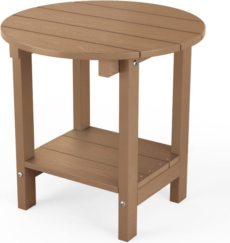 Photo 1 of *** TABLE DEISIGN VARIES, COLOR: BROWN ***( Round Outdoor Side Table Adirondack Tables 18 Inch Chairside End Tables with Storage Shelf, 2-Tier Plastic Patio Side Table for Balcony Backyard Lawn