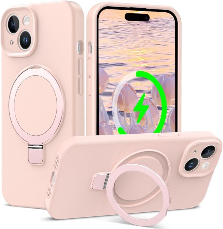 Photo 1 of PIXIU for iPhone 15 silicone case with Camera Cover Compatible with MagSafe,Soft Liquid Silicone Shockproof Phone Cases with Microfiber Lining Built-in Invisible Stand,Strong Magnet Pink
