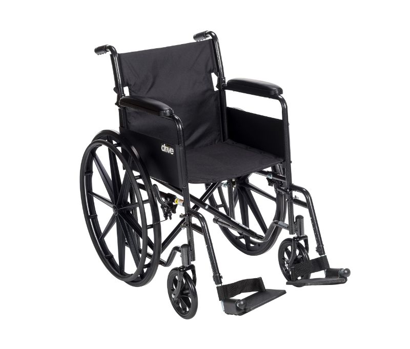 Photo 1 of Drive Medical SSP118FA-SF Silver Sport 1 Folding Transport Wheelchair with Full Arms and Removable Swing-Away Footrest, Black