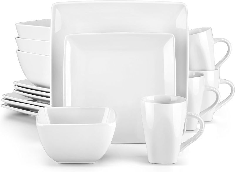 Photo 1 of ***BROKEN PLATES*** vancasso Stoneware Square Dinner Set Ivory White Black 16 Piece Kitchen Dinnerware Service Plate Crockery Set with 4-Piece Dinner Plates, Dessert Plate, Bowls and Mugs, Service for 4