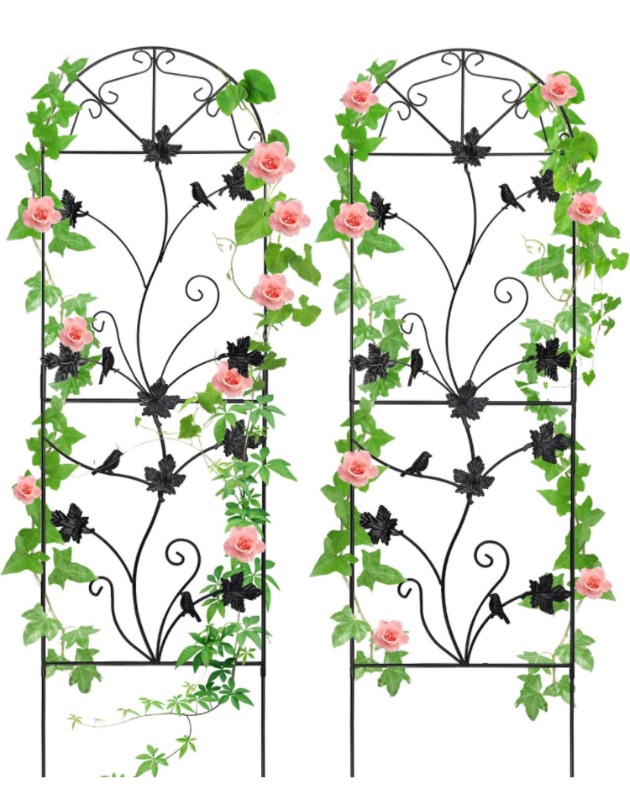 Photo 1 of 2 Packs 64"x17" Metal Garden Trellis for Climbing Plants Rustproof Sturdy Black Iron Trellis Plants Support Outdoor for Climbing Vegetable Rose Potted Plants Flower Cucumber Clematis