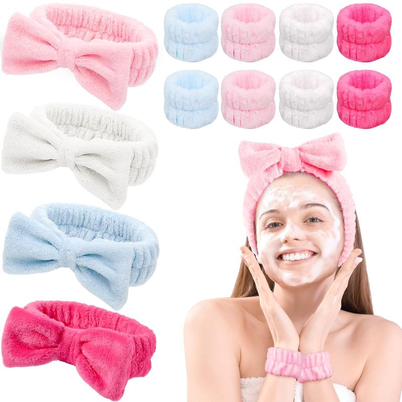 Photo 1 of 12 Pack Spa Headband Wristband Set, Bow Hair Band for Washing Face Facial Makeup Yoga Shower, Soft Coral Fleece Head Band Wraps for Women and Girls
