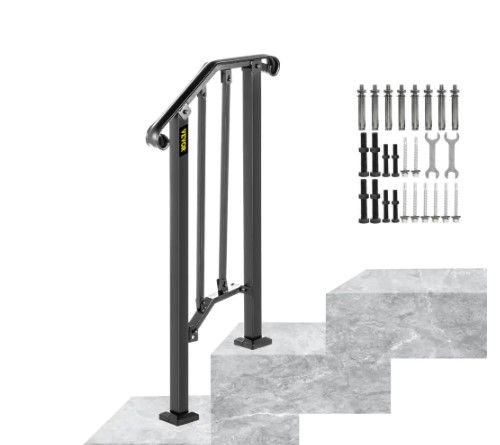 Photo 1 of 1 ft. Handrails for Outdoor Steps Fit 1 or 2 Steps Outdoor Stair Railing Wrought Iron Handrail with baluster, Black//ONLY ONE GROUNDED POST AND SOME RAILINGS