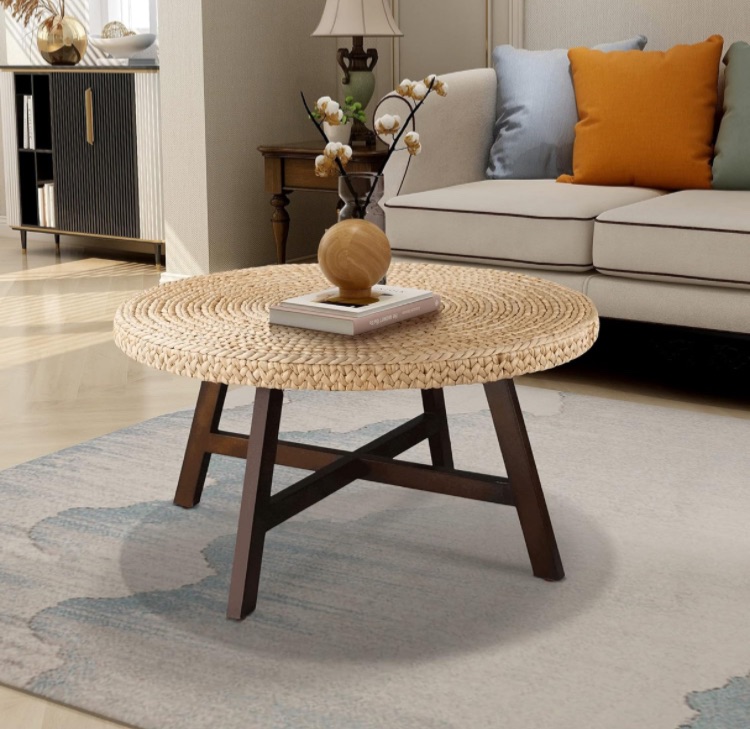 Photo 1 of Coffee Table Round, Seagrass Coffee Tables,Pine Wood X Base Frame Cocktail Table, Easy Assembled, Multiple Sizes for Living Room, Solid Wood Table,32 x 17 Inches,Natural