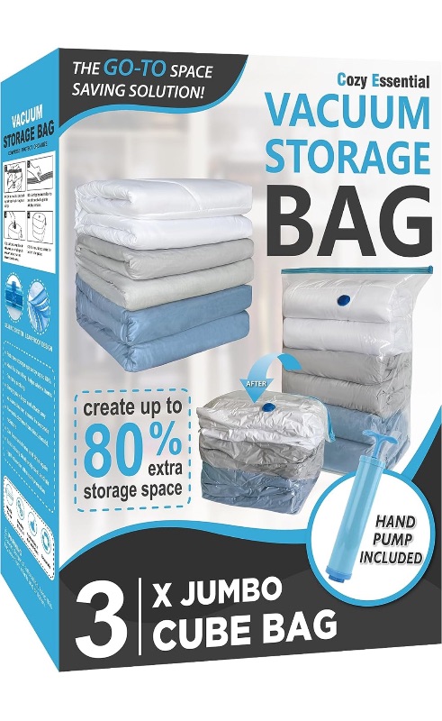 Photo 1 of 3 Pack Cube Vacuum Storage Bags, Jumbo Vacuum Cubes for Storage Vacuum Sealed, Extra Large Space Saver Vacuum Storage Bags for Bedding, Clothes, Comforters, Blanket, Duvets (Cube Sized)