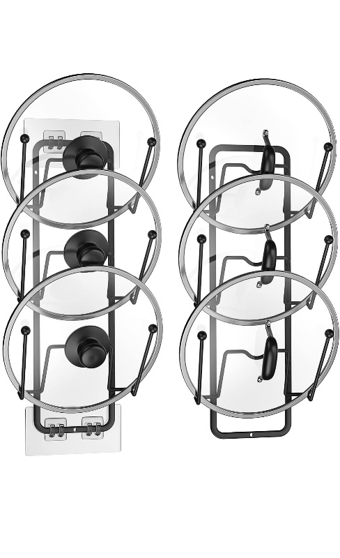 Photo 1 of 2 Pack Pot Lid Organizer Rack, 6 Tier Pot Lids Holder for Cabinet Door/Wall Mount, Reusable Pot Lid Rack Holder for Kitchen Storage with No Drilling Adhesive (Black)