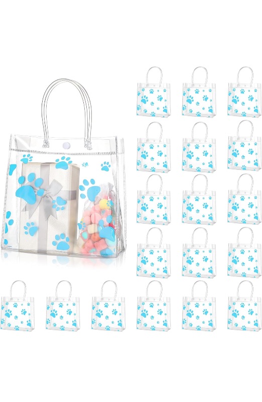 Photo 1 of Teling 20 Packs Dog Paw Clear PVC Gift Bags with Handle Reusable Plastic Wrap Tote Bags Transparent Goodie Bags for Puppy Pet Treat Party Favor Birthday Party Wedding, 8 x 8 x 3.15 In(Blue)