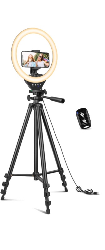 Photo 1 of 10'' Ring Light with 50'' Extendable Tripod Stand, LED Circle Lights with Phone Holder for Live Stream/Makeup/YouTube Video/TikTok, Compatible with All Phones