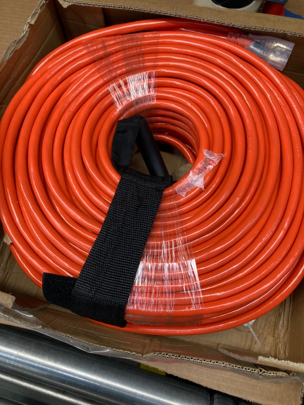 Photo 2 of 300 ft 12/3 Outdoor Extension Cord Waterproof Heavy Duty with Lighted End 12 Gauge 3 Prong, Flexible Cold-Resistant Long Power Cord Outside, 15Amp 1875W SJTW Orange ETL Listed POWGRN 300FT 12/3 Orange