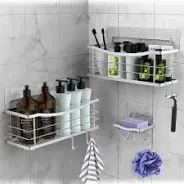 Photo 1 of ODesign Adhesive Shower Caddy Basket Shelf with Hooks for Shampoo Razor Soap Dish Holder Kitchen Bathroom Apartment Home Organizer No Drilling Wall Mounted Stainless Steel Rustproof - 3 Pack