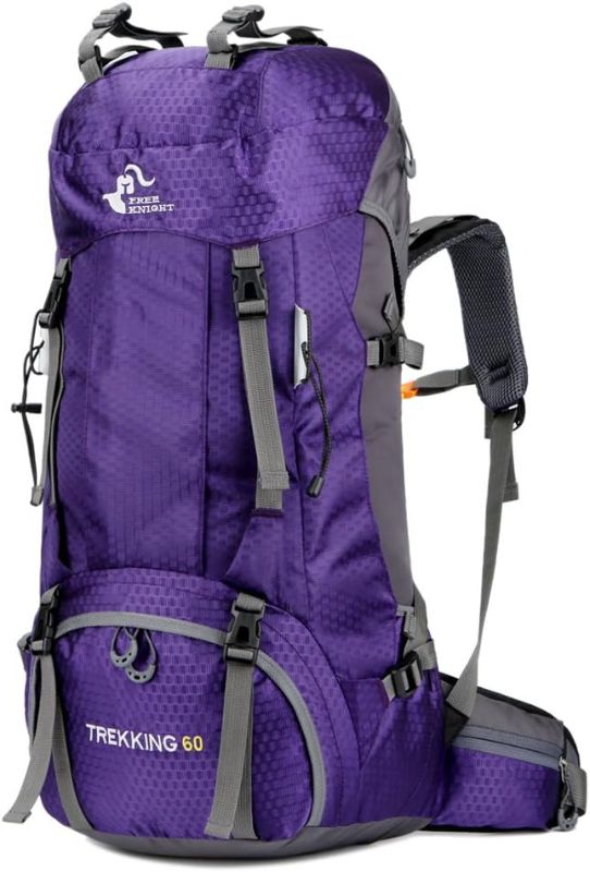 Photo 1 of 60L Waterproof Hiking Camping Backpack with Rain Cover Camping Travel Bag for Climbing Fishing Men Women (Purple)
