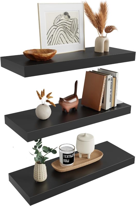 Photo 1 of 24 Inch Floating Shelves, Wall Shelves for Bathroom, Bedroom, 1.5" Thick Hanging Shelf for Wall Storage, Wall Mounted Wooden Shelves Over Toilet, for Kitchen, Living Room (Black, Set of 3)
