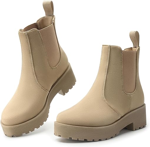Photo 1 of MUSSHOE Chelsea Chunky Heel Hiking Boots Womens Fall Ankle Platform Combat Boot Slip On Winter Moto Booties for Women Comfy
