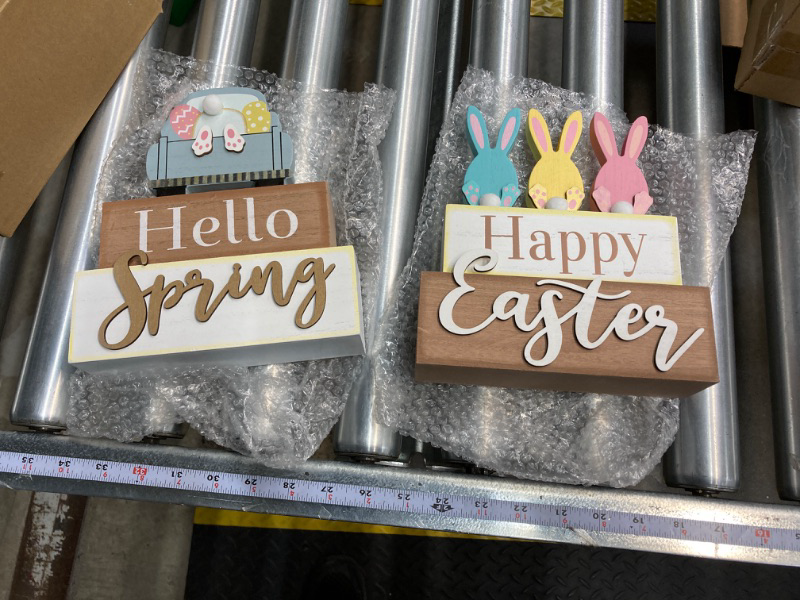 Photo 2 of 2 Pack Happy Easter Decorations Rabbit Truck Décor Spring Rustic Wooden Block Vintage Funny Bunny Home Décor Farmhouse Signs Gift for Garden Indoor Holiday