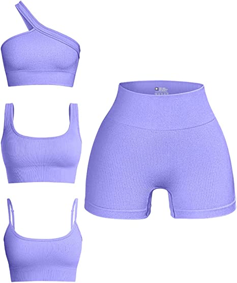 Photo 1 of OQQ Women’s 4 Piece Outfits Ribbed Seamless Exercise Scoop Neck Sports Bra One Shoulder Tops High Waist Shorts Active Set