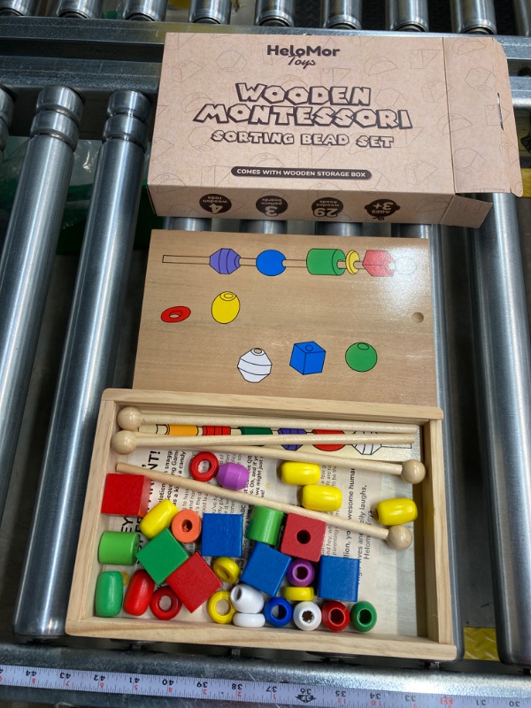 Photo 2 of (BUNDLE ITEM)Helomor Toys Montessori Wooden Bead Toy for Toddlers - Sequencing Bead Game, Sorting & Stacking Toddler Play - 3 Pattern Boards Wooden Lacing Toy, Toy Beads for 3 4 5 6 Years Old Wooden Beads Toddler 4 COLUMNS