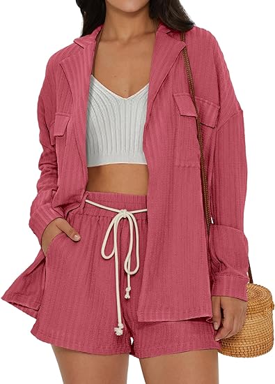 Photo 1 of DEEP SELF 2 Piece Outfits For Women Lounge Sets Casual Long Sleeve Open Front Shirt and Shorts Matching Set with Pockets