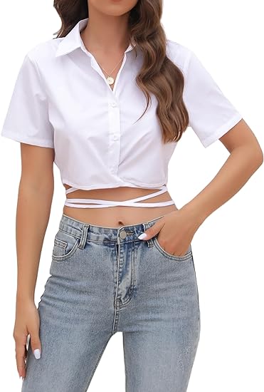 Photo 1 of Remidoo Women's Asymmetrical Hem Long Sleeve Button Up Shirt Crop Top Blouse XL White