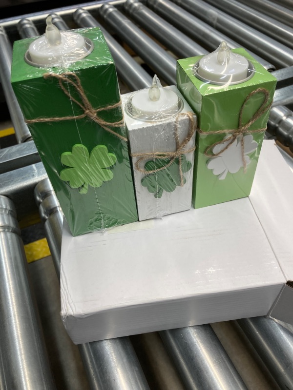 Photo 2 of CRCZK St Patricks Day Votive Candle Holders Set of 3 Wooden Tea Light Holders with Battery Operated LED Ideal for Tabletop Decorations & Centerpieces Romantic Elegant Design for Festive Ambiance St. Patrick's Day