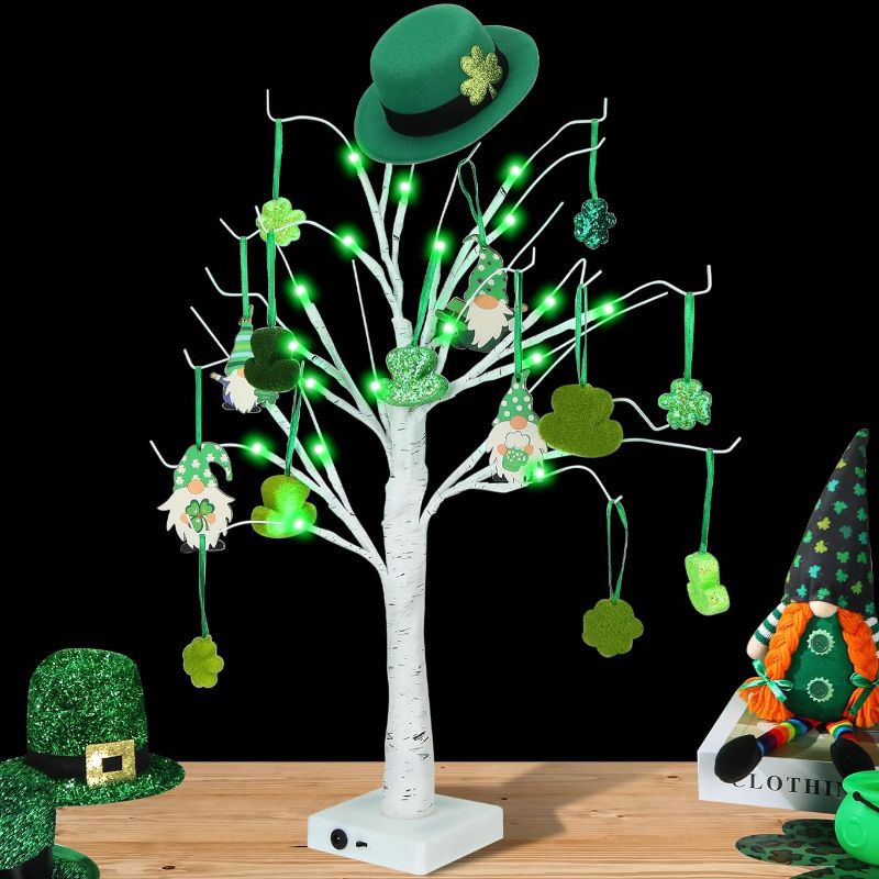 Photo 1 of 18 Pcs St Patrick's Day Ornaments Set, St Patrick Day LED Birch Tree Light Ornaments with 6 Shamrocks Ornaments 4 Gnome Hanging Ornaments 6 Hat Hanging Ornaments 1 St Patrick's Day Hat for Decor
