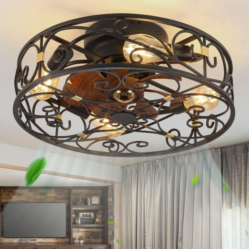 Photo 1 of 20" Caged Ceiling Fans with Lights and Remote, Bladeless Ceiling Fan 6 Speed Reversible with 4 Bulbs and Remote Control,Flush Mount Caged Ceiling Fan for Bedroom, Living Room, (Include Bulbs)
