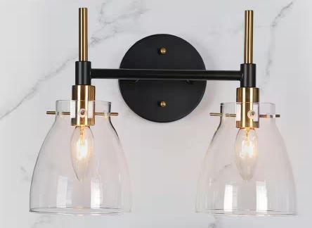 Photo 1 of 13 in. 2-Light Black Bathroom Vanity Light, Modern Farmhouse Bath Lighting, Brass Gold Wall Sconce with Clear Glass
