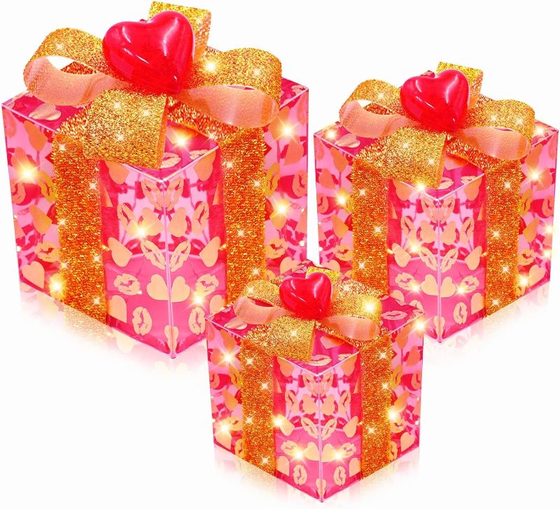 Photo 1 of [ Timer & 8 Modes ] 3 Pack Red Valentines Gift Boxes Decor Lighted with 3D Hearts Battery Operated 60 LED Lights Outdoor Indoor Home Bedroom Party Wedding Valentines Decor (7"-6"-5")
