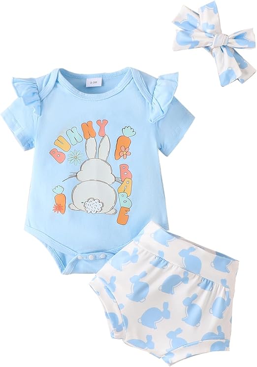 Photo 1 of **Bundle Items**  SIZE 0-3M & 3-6M Newborn Baby Girl Easter Outfit Short Sleeve Bunny Baby Romper Bodysuit Bloomer Shorts + Headband ?Summer Clothes 