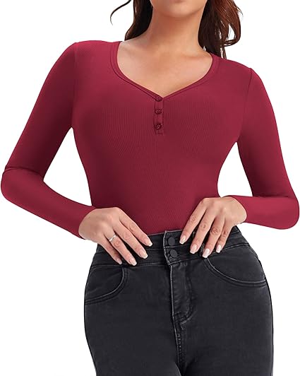 Photo 1 of HERLOLLYCHIPS Womens Long Sleeve Tops V Neck Fitted Ribbed Henley Button Shirts (S) 