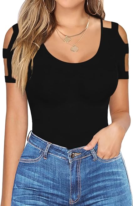 Photo 1 of HERLOLLYCHIPS Sexy Tops for Women Cold Shoulder Scoop Neck Short Sleeve Cut Out Tight Summer T-Shirts (L) 