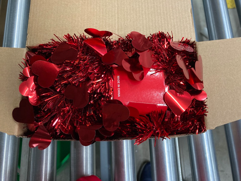 Photo 2 of 66 FT Valentine Heart Tinsel Garland 2 Strings Red Valentines Heart Tinsel Garland Twist Metallic Hanging Garland Valentine's Day Tree Indoor Outdoor Wedding Valentine Decorations