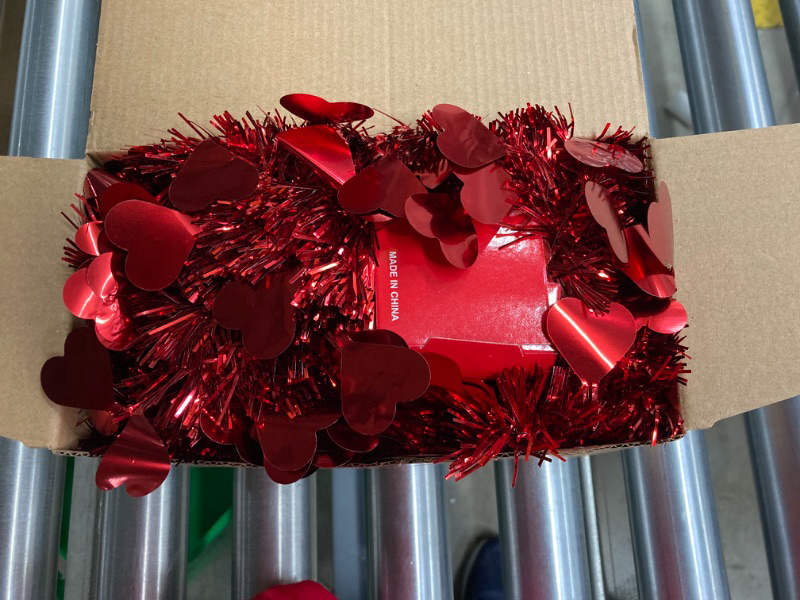 Photo 1 of 66 FT Valentine Heart Tinsel Garland 2 Strings Red Valentines Heart Tinsel Garland Twist Metallic Hanging Garland Valentine's Day Tree Indoor Outdoor Wedding Valentine Decorations