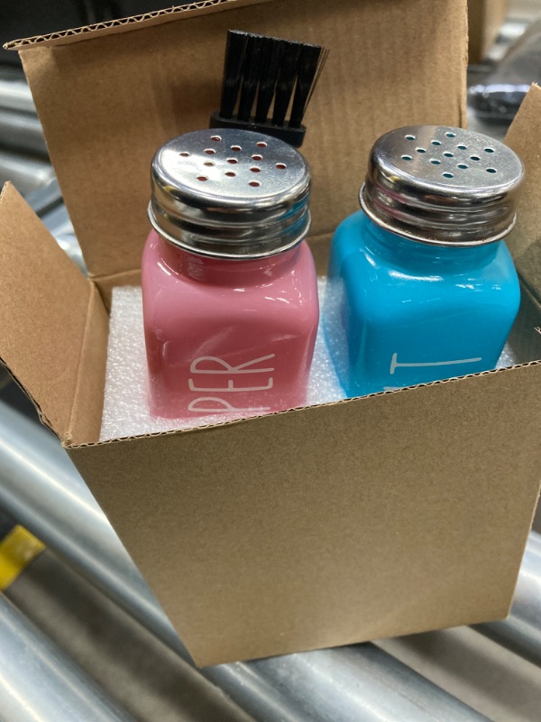 Photo 2 of 2 Pack Salt and Pepper Shakers Set, Glass Salt Shaker with Stainless Steel Lid, Modern and Cute Farmhouse Salt and Pepper Set (Pink and Blue) blue, pink (medium)