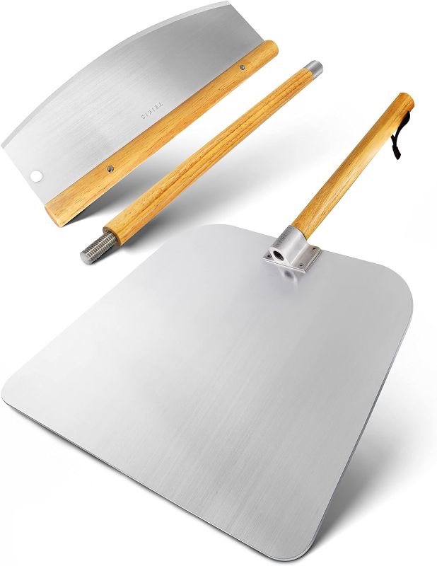 Photo 1 of Pizza Cutter Rocker Style & Pizza Peel Set - 14" Large Pizza Metal Slicer Sharp Knife Blade Chopper with 14" x 16" Heavy Duty Pizza Paddle Board Pan with Wood Handle - Premium Oven Baking Accessories