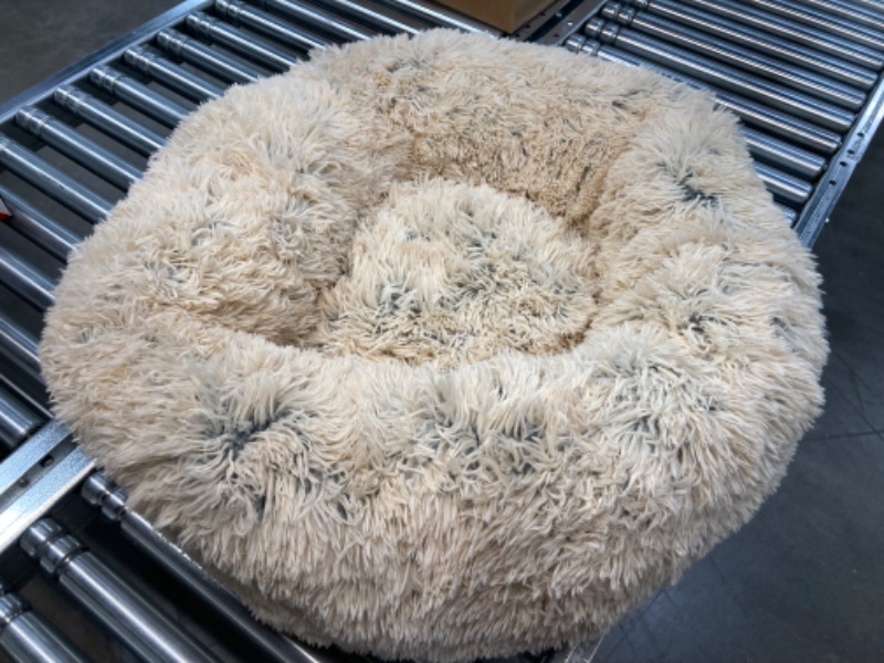 Photo 2 of Furhaven 30" Round Medium Donut Dog Bed Plush Long Faux Fur Calming Cuddler w/ Removable Washable Cover - Taupe, Medium Long Faux Fur (Taupe) Medium Donut Bed