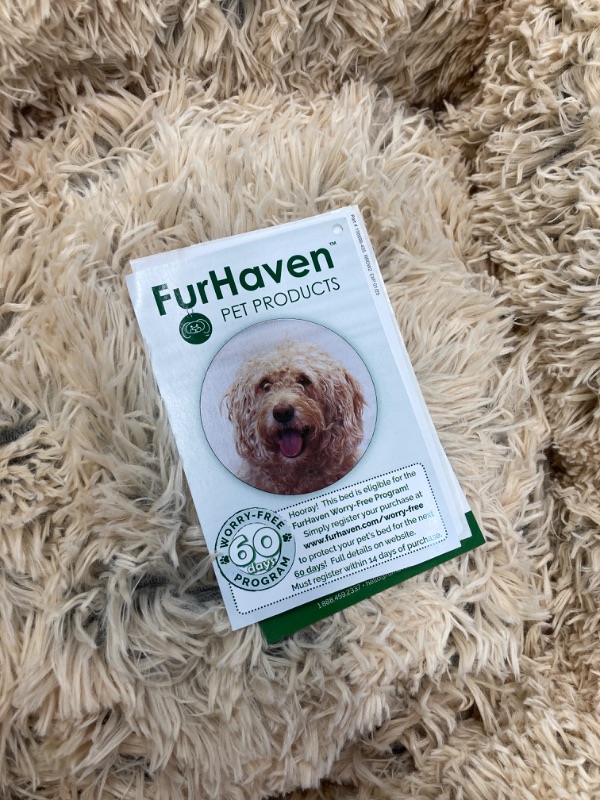 Photo 4 of Furhaven 30" Round Medium Donut Dog Bed Plush Long Faux Fur Calming Cuddler w/ Removable Washable Cover - Taupe, Medium Long Faux Fur (Taupe) Medium Donut Bed